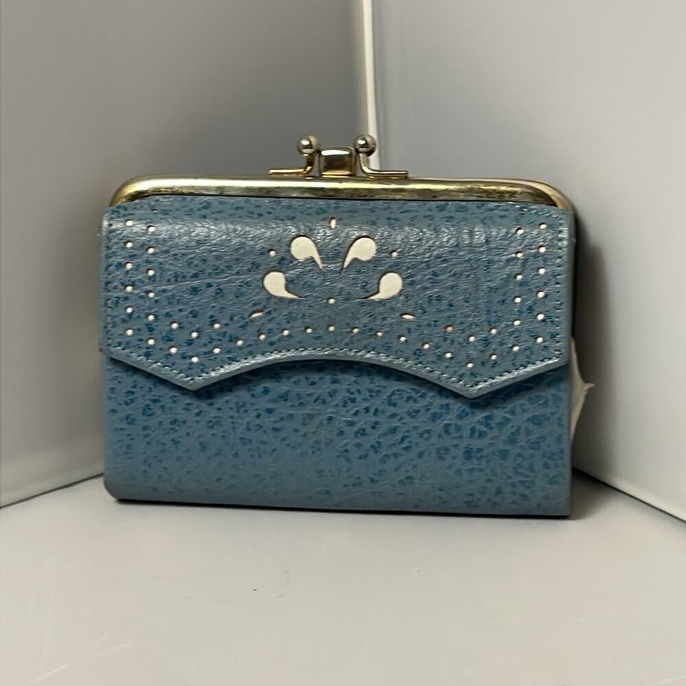 Vintage Princess Garland Blue Trifold Wallet Leather With Kiss Latch Coin Pocket